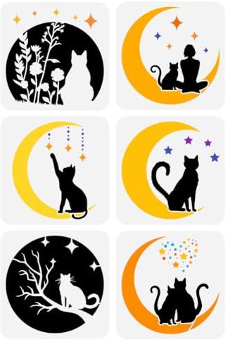 FINGERINSPIRE 6 Stück Mond Katzen Malschablone 20x20 cm Katzen Silhouette Schablone Schablone Blumen Schablone Mädchen Sterne Schablone Katzenmuster Tier Themen Vorlage Zum Malen Auf Holzwänden