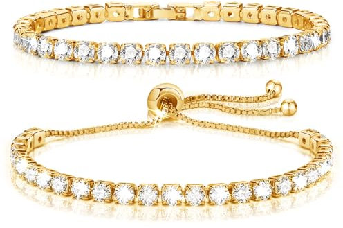 TempBeau Armband Damen Gold Kristall : 2Pcs Tennisarmband für Frauen 17cm Armbänder Schmuck Geschenk Silber Gold für Mama Freund Tochter Verstellbares Armreif