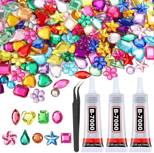 Anezus 900Pcs Jewels for Bedazzling with 3 Pack B7000 Jewelry Glue, Flat Back Craft Gems Rhinestones for Clothing, Sequins Rhinestones Gemstones for Fabric, Decoration