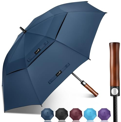 ZOMAKE Paraguas de Golf Grande - 157cm Paraguas de Golf Ventilado de Doble Cubierta para Hombre,Paraguas de Apertura Automática Muy Grande con Mango de Madera(Marineblauw)