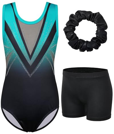 ZNYUNE Justaucorps Gymnastique Fille Paillette Flocons de Neige Strass Short Manche Longue/sans Manche B293 Blackgreen 14A