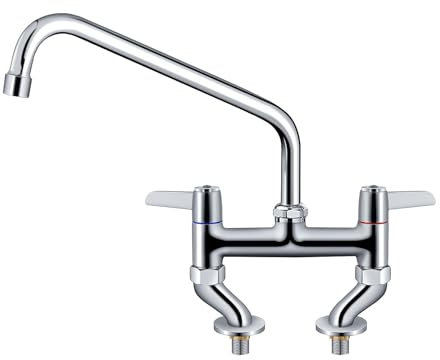 TAIMIKO Commercial Tap Deck Mount, 4-8 Inch Adjustment Center Kitchen Sink Faucet with Brass Construction 2-Hole Mixer Tap with 10 Swing Nozzle
