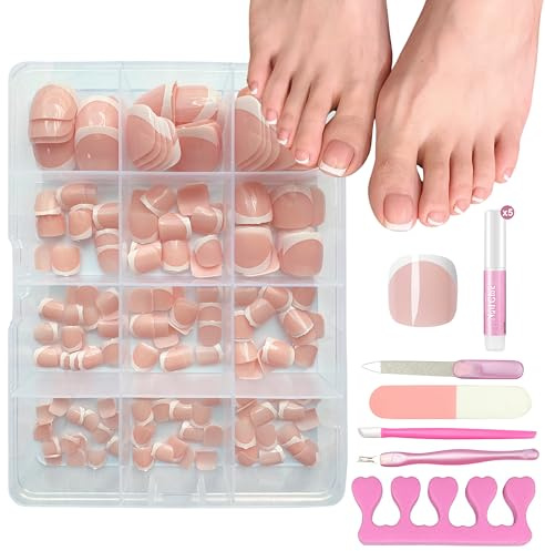 MrCuvaryas 240 Stück Falsche Fußnägel Kit - 12 Verschiedene Größen Künstliche Fußnägel zum Aufkleben, Vollständige Abdeckung Falsche Zehennägel Set, Fake nails für Nail Art DIY (White French, 240x)