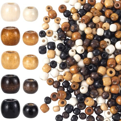 Pndeyo Holzperlen mit großem Loch, runde Naturholzperlen, 5 Farben, lose Abstandshalter für DIY, Makramee, Rosenkranz, Halskette, Armband, Haare, DIY, handgefertigte Dekoration, 10 x 13 mm und 9 x 10
