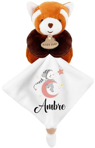 KDO MAGIC - Personalisiertes Schmusetuch - Personalisiert mit einem Namen - Anpassbares Geschenk für Kinder - Geschenkidee zur Geburt, Baby, Geburtstag, Taufe (Motiv: Rosa Mond, roten Panda)