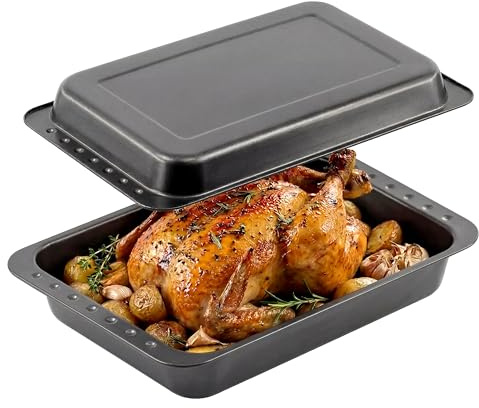 GEEZY 2-in-1 Deep Roasting Tin with Lid, 41 x 26.5 cm - Non Stick Baking Tray Set for Meat, Chicken, Lasagne & Vegetables - Carbon Steel Oven Dish Pan Kitchen Cookware
