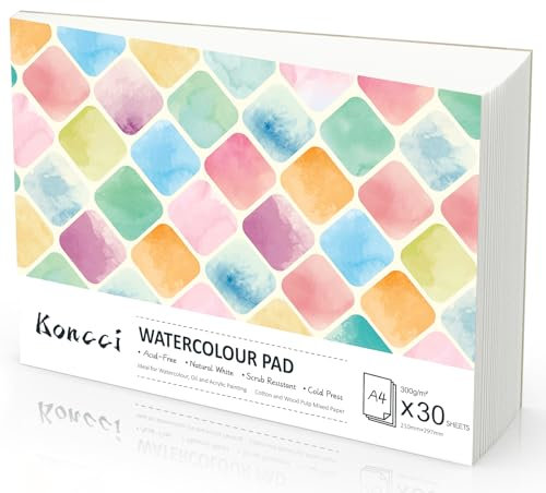 KONCCI Watercolour Paper Pad A4, 30 Sheets Watercolour Sketchbook 300GSM, Cotton Blend, Cold Press & Acid-Free, Natural White, Glued Bound, for Painting Drawing Beginner Students