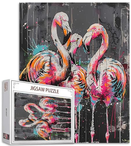 Flamingos Family Graffiti Jigsaw Puzzles for Adults Cartoon Animal Puzzle 1000 Pieces Colorful Challenging Puzzle Perfect Game Nights DIY Home Wall Decor Handmade Gifts for Christmas New Year Birthday