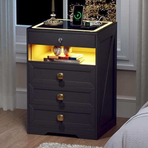 yoofun LED Bedside Table with Wireless Charging Station, Smart Bed Side Table with 4 Drawers, Lockable Nightstand with Type-C USB, Farmhouse Storage Cabinets Bedroom Living room (Black)