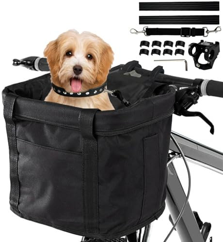 Bibykivn Fahrradkorb Vorne, Faltbar Wasserdicht Fahrrad Lenkerkorb, Abnehmbare Fahrradkorb für Haustiere mit Aluminiumrahmen, für Kleiner Hund, Einkaufen, Reisen (Schwarz)