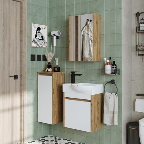 ROOMART Badmöbelset • Leo • Unterschrank mit Waschbecken • Badezimmer Möbel • Gäste WC (Weiß-Eiche, Komplettes Set(Wasserhahn Links))