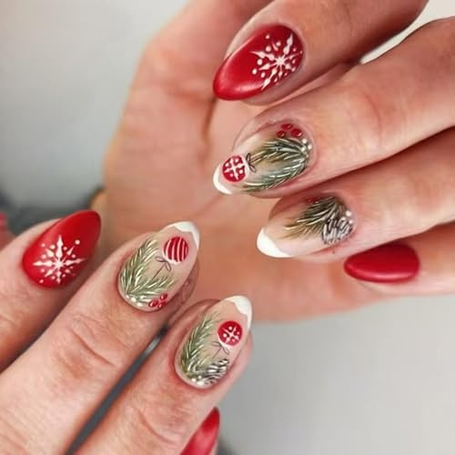 Lot de 24 faux ongles à presser de Noël rouge mat, feuilles vertes, pour fêtes de vacances, événements, utilisation quotidienne, arbre de Noël, faux ongles ABS