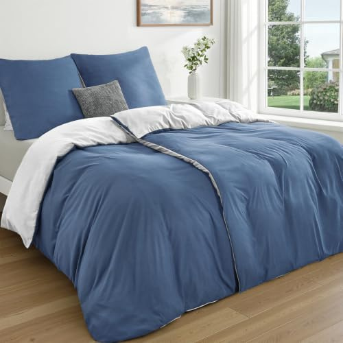 Duvetnova Bettwäsche 135x200 4teilig Blau/Weiß Bettwäsche-Sets Microfaser ÖKO-TEX Wendebettwäsche 135 x 200 4tlg, weich & bügelfrei 2 Bettbezüge 135x200 + 2 Kissenbezüge 80x80