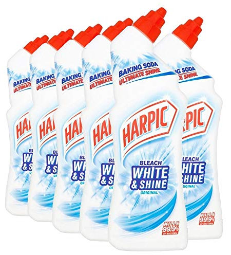 Harpic White & Shine Toilet Bleach Gel, Original Scent, Pack 6 x 750 ml, Kills 99.9% of Bacteria, Toilet Cleaner