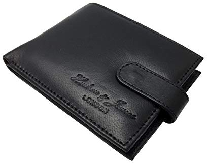 Hudson & James Designer London Real Leather Mens Wallet Credit Carder Holder Bifold Purse RFID Safe ID Protection Contactless Card Blocking with Gift Box (Black)