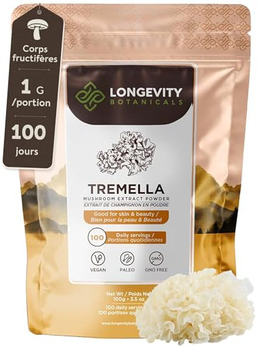 Tremella Mushroom Powder Supplement 100g | Pure Fruiting Body 10:1 High Strength Snow Fungus Extract | 10% Beta-D Glucans | 10,000mg Raw Equivalent Per Serving | No Fillers | Skin, Hair, Brain Support