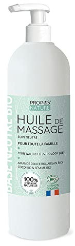 Huile de massage neutre Bio - 4 huiles végétales Bio - Amande douce, Abricot, Coco & Sésame - 100% naturelle - Fabriqué en France - 500ml - PROPOS'NATURE