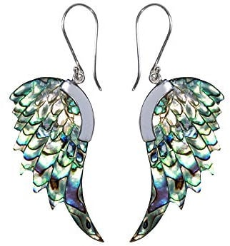 81stgeneration Geschnitzte Engelsflügel-ohrringe aus Abalone-muschel mit 925er Sterlingsilber | Große Handgefertigte Adler-vogelfeder-ohrhänger für Frauen | Statement-schmuckgeschenk im Boho-chic-stil