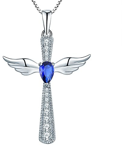 YL Kreuz Engelsflügel Halskette 925 Sterling Silber September Geburtsstein Spinellblau Schutzengel Anhänger Halskette für Damen