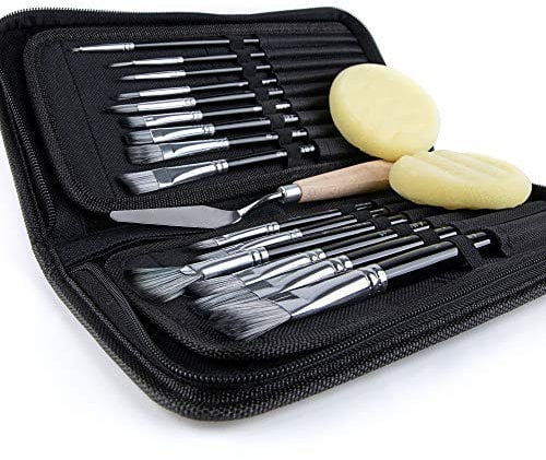 Artify Ensemble de 15 pinceaux pour Peinture à l'huile Acrylique Gouache à l'aquarelle avec étui de Transport Pop-up avec Couteau à Palette et 2 éponges - Noir