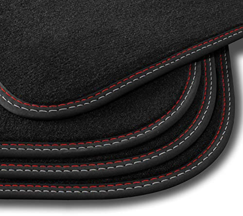 Bär-AfC Auto Fußmatten Premium passend für Hyundai I30 GD 2011-2017, Autoteppiche Velours Schwarz, Nubuk Band Schwarz, Doppelnaht Rot + Silber, Set 4-teilig, HY05200
