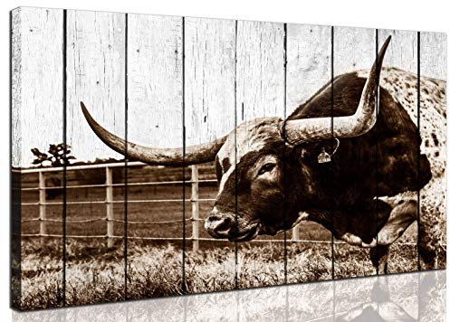 aburaeart Texas Longhorns Wanddekoration – Wandkunst für Wohnzimmer – Rustikales Bauernhaus Wandkunst – Westerndekor Leinwand gerahmt fertig zum Aufhängen für Küche Esszimmer Größe 61 x 91 cm
