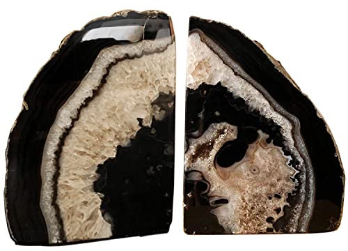 AMOYSTONE Kristallstein-Buchstützen, dekorativer Achat-Buchstützen-Halter, Geode-Buchstütze, strapazierfähig, natürliche schwarze Farbe (1 Paar, 1,8–2,7 kg)