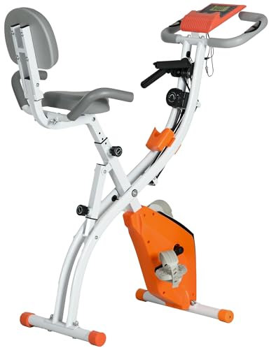 HOMCOM Bicicleta Estática Plegable Regulable en Altura Resistencia Magnética Ajustable Bici Estática con Pantalla LCD Asiento con Respaldo Sensor de Pulso Carga 120 kg para Casa 105x48x118 cm Naranja