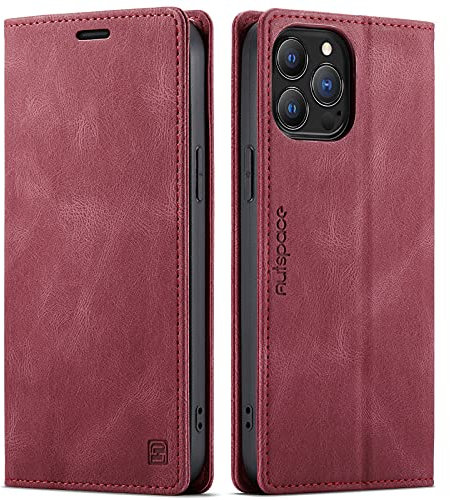 LOLFZ Wallet Case for iPhone 13 Pro Max, Magnetic Flip Leather Case with RFID Block Card Slots Kickstand Shockproof Protective Cover Compatible with iPhone 13 Pro Max 6.7 Inch - Red