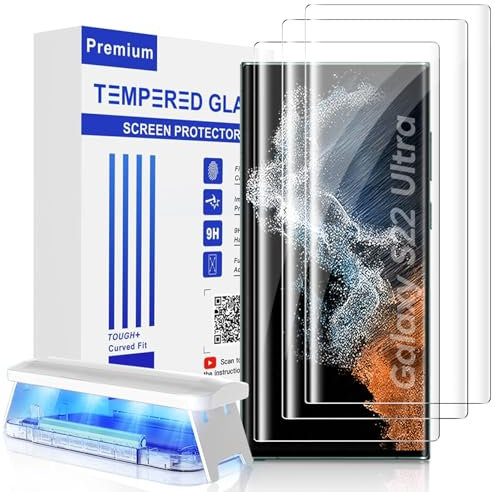 Mowei 3 Pezzi Vetro Temperato Compatibile con Samsung Galaxy S22 Ultra [Adatta a Sensore Ultrasonico] Curvo 3D Durezza 9H Pellicola Protettiva