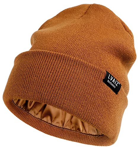 Satin gefütterte Wintermütze für Damen, Strickmütze mit Seidenfutter, Unisex, solide Totenkopfmütze, Braun, Einheitsgröße