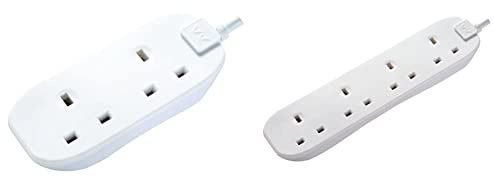 Masterplug BTG5-MP Two Socket Extension Lead, 5 Metres, White & BFG5-MP Four Socket Extension Lead, 5 Metre, 13 Amp, White