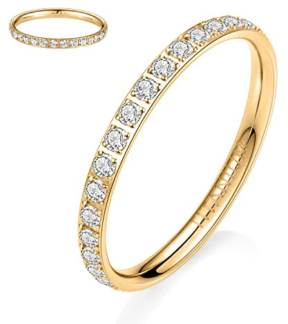 hengkaixuan 2mm Women Titanium Eternity Ring Engagement Band Gold Full Cubic Zirconia Anniversary Wedding Ring Wedding Band Stackable Ring Memoir Ring for Women Men Girls Size 8