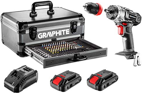 GRAPHITE Coffret Energy+ : perceuse-visseuse, 2 accumulateurs 2.0Ah (58G002), chargeur (58G001) et 109 accessoires - Embouts et forets - Coffret alu - Embouts en acier S2