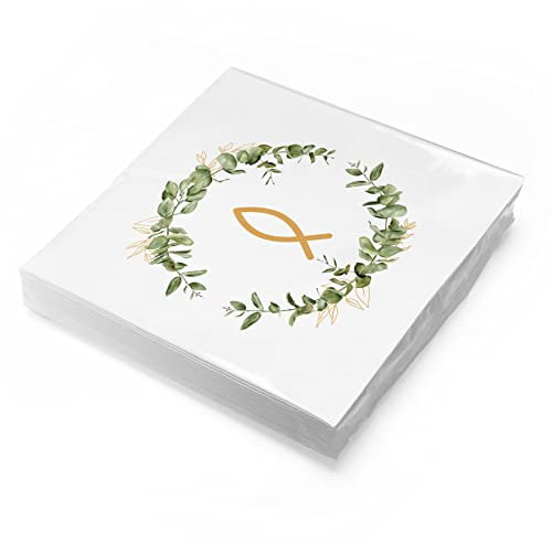 itenga Servietten Papier Fisch 33 x 33 cm 3-lagig 20 Stück für Taufe Kommunion Konfirmation Jungen und Mädchen Eukalyptus Kranz grün gold weiß