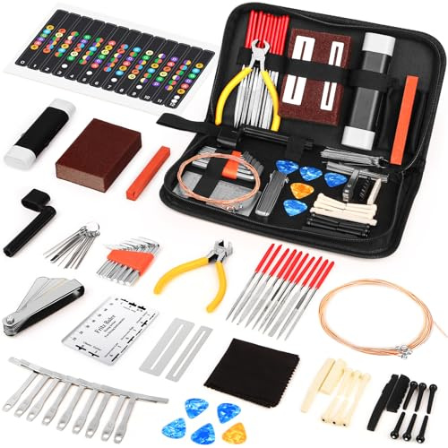72-teiliges Gitarren-Werkzeug-Set, Reparatur-Zubehör, Gitarren-Teile-Set mit Tragetasche, Gitarrenpflege für E-Akustikgitarre, Ukulele, Bass, Banjo