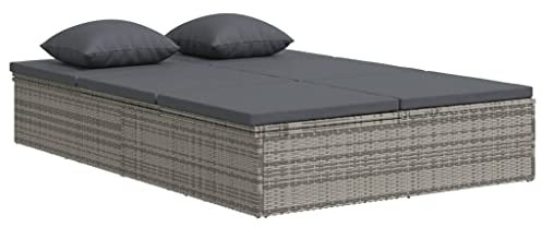 Makastle 2-in-1 Sonnenliege Doppelliege mit Auflagen für 2-Personen, Doppel Gartenliege Gartenbank Gartensessel Gartensofa für Garten oder Balkon, Poly Rattan Dunkelgrau