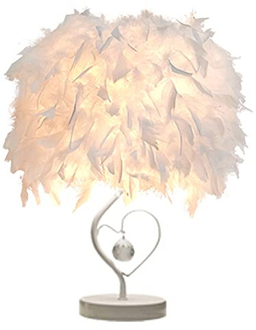 Weiße Feder-Tischlampe mit Kristallanhänger und Herz-Stützstange Nachttischlampe Feder-Nachttischlampenschirm Tischbeleuchtung Dekoratives Tischlicht Nachtlicht für Wohnzimmer, Schlafzimmer, L
