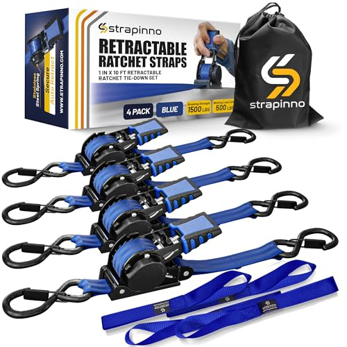 Strapinno Retractable Ratchet Straps 1 in x 10 ft, Secure Tie-Downs with Rubber-Coated Steel Handles, S-Hooks & Durable Hardware, for Motorcycle, Jetski, kayak, Breaking Strength 1,500LBS/680KG (4PCS)