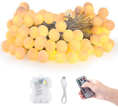 JOJOlife Catena Luminosa, 15 m/100 LED, Batteria o Alimentazione USB, 8 Modelli, Controllo del Telecomando o del Pulsante, Adatto per Esterno,Interno, Giardino,Stanza, Festa, Natale, Matrimonio