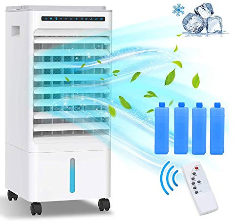 Portable Air Cooler, Mobile Air Conditioner Fan Purifier, Humidifier with Wheels and 5L Dual Water Tank, 3 Modes, 3 Speeds, Remote Control, Timer