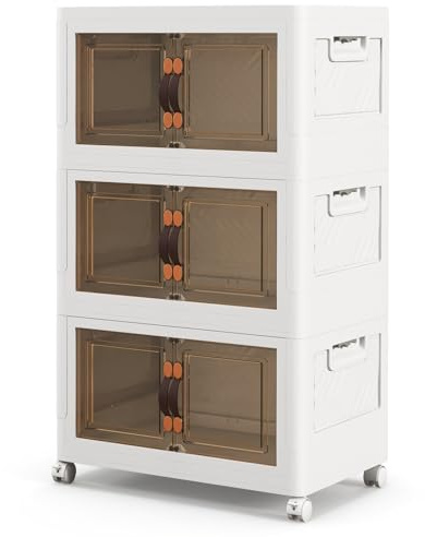 COSTWAY Folding Shoe Storage Cabinet, 3/4/5 Tier Stackable Storage Box with Lockable Wheels, Lids & Doors, Freestanding Storage Bin for Living Room Bedroom (59 x 37 x 104 cm, 3 Tiers)