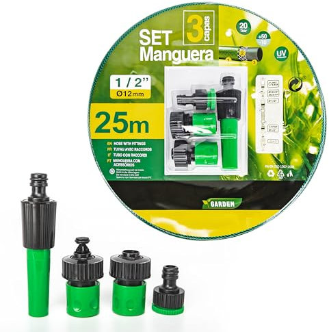 Manguera de Agua de Jardín 1/2 Pulgadas(12mm) 25m - Set Manguera con Conexión y Boquillas para Riego Reforzada 3 Capas -Presión de rotura de 20 bar