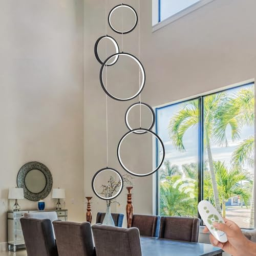 Schwarzer Moderner Kronleuchter für das Esszimmer, 6Ring LED für Treppenhaus, LED Foyer Kronleuchter mit Hoher Decke