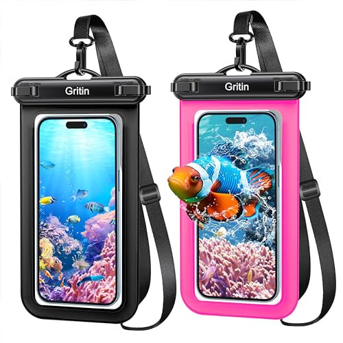 Gritin Pochette Étanche Smartphone, Sac Étanche IPX8 pour Téléphone, Nouveau Boucle de Sécurité & Touche Sensible, Compatible avec Téléphone Jusqu’à 7 Pouces,Noir + Rouge