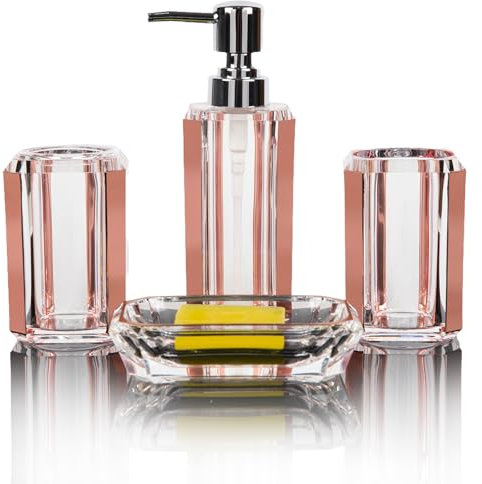 4-teiliges Premium-Acryl-Badezimmer-Zubehör-Set, Händedesinfektionsmittel-Flasche, Lotionsdose, Badezimmeranzug, separate Flasche, Seifenschale, Mundspülbecher, Zahnputzbecher (gebürstetes Roségold)