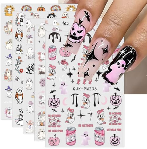 Pink Halloween Nail Stickers, 12 Sheets Self-Adhesive Nail Decal Ghosts Pumpkin Nail Art Decoration Design Supplies