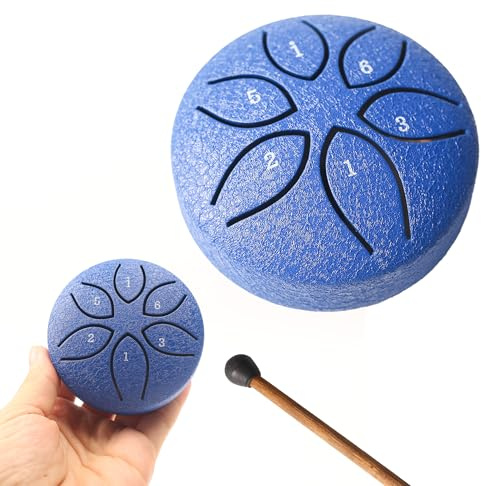 Steel Tongue Drum Tundrum, 3 Zoll, 6 Töne, Handtrommeln mit Handpan-Trommelschlägel, Notenbuch, Klanginstrumente, Regentrommel für Musikalische Ausbildung (Blau)