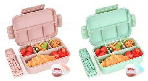 Bug maak Bento Box Kinder - Lunchbox mit 4 Abteilungen, Kindersicher für Jungen und Mädchen: Rosa, Grün, 1300 ML - 2er Set