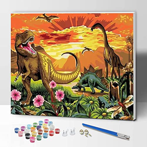 ifymei Kit de pintura por números para adultos y niños, kit de pintura en lienzo con marco, dinosaurios coloridos de 12 x 16 pulgadas